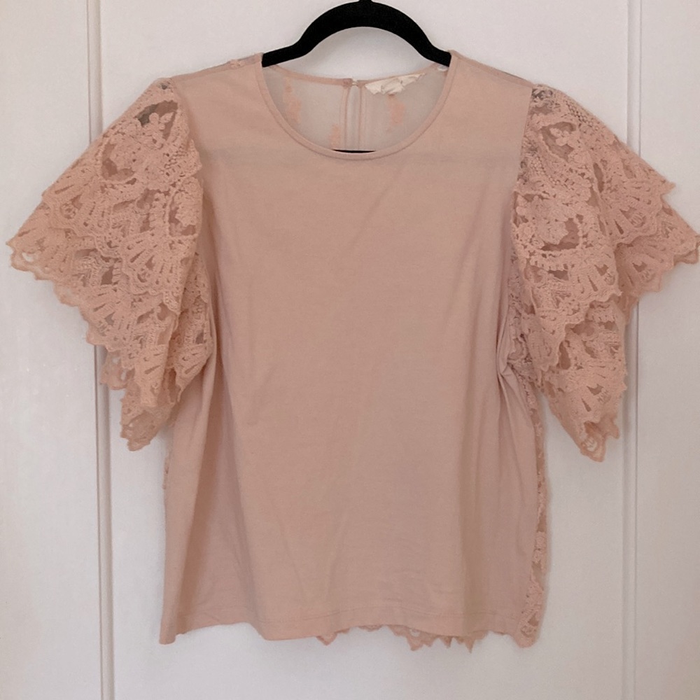 Anthropologie flutter-sleeve, lace-embellished, blush top